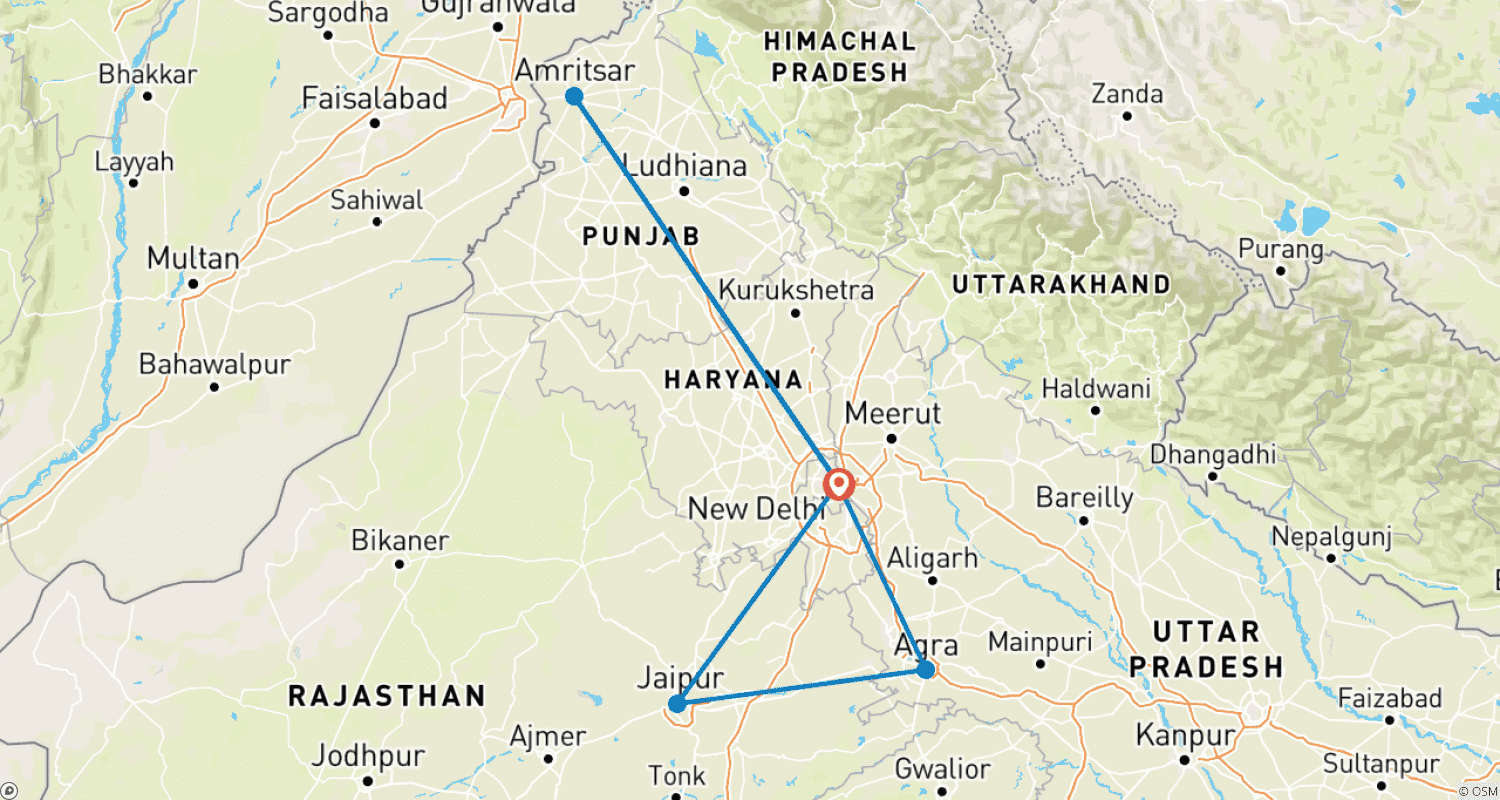 خريطة مسار 7 Day Golden Triangle Tour with Amritsar  - A Journey Through Heritage and Spirituality