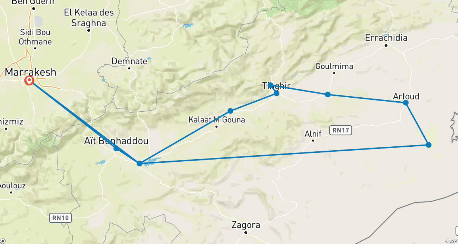 Mapa trasy: 3 Days Desert Tour From Marrakech To Merzouga- luxury Camp