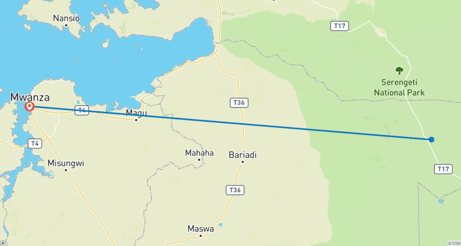 Mapa trasy: Zarezerwuj najlepsze 3-dniowe safari po Serengeti z Mwanzy, Tanzania – Wiodące safari po Serengeti na świecie z gwarancją najniższej ceny