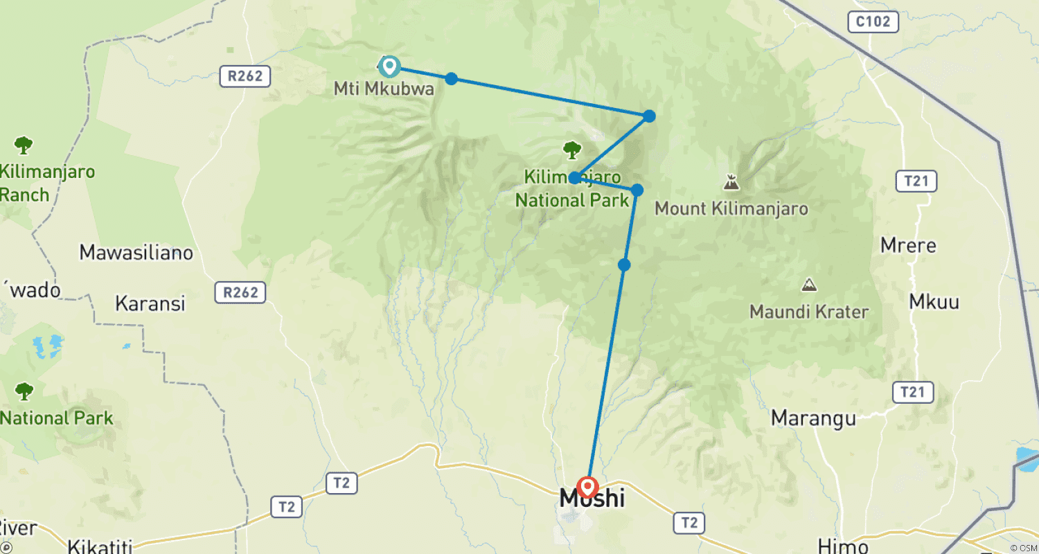 Mapa do percurso de 7 Dias de Trekking no Kilimanjaro Rota Lemosho