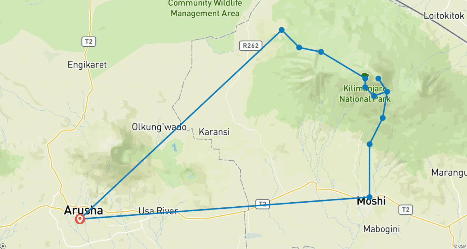 Mapa do percurso de Uma Experiência Inesquecível: Lemosho em 8 dias