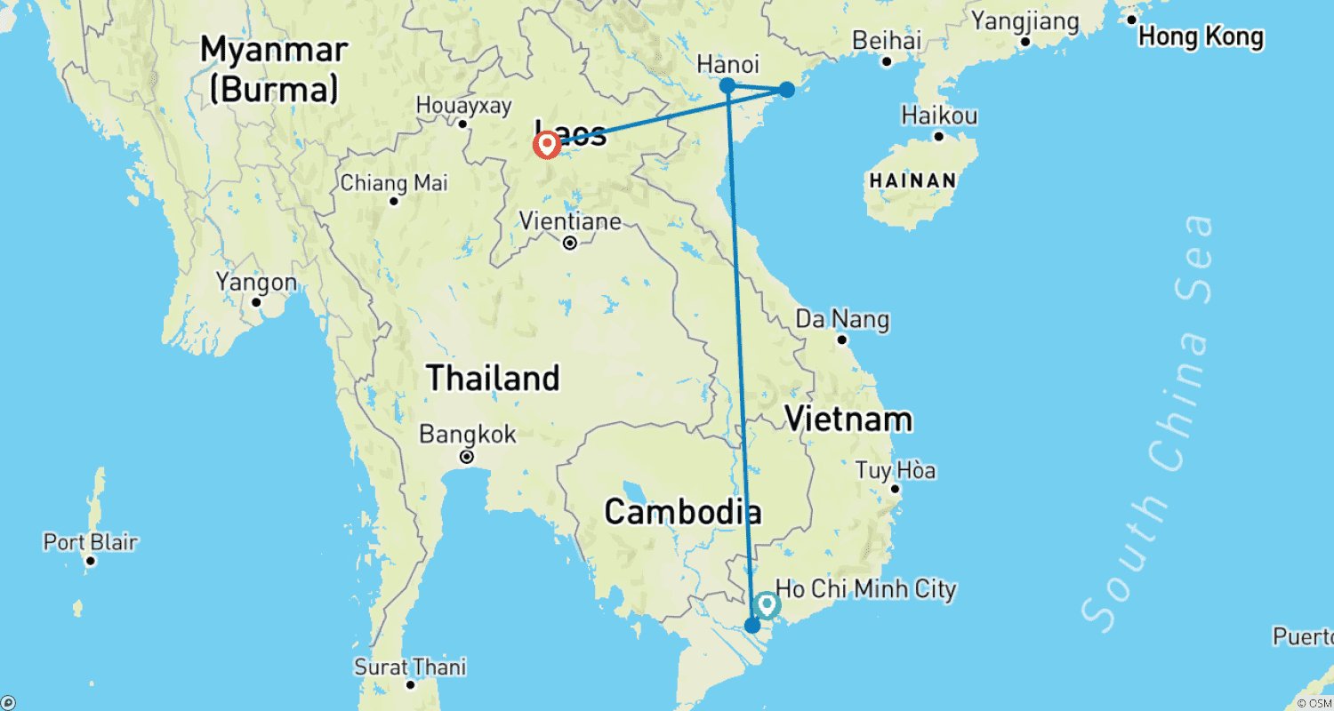Mapa do percurso de O Destaque do Vietnã e Laos: Tour de 10 Dias - Tour Privado