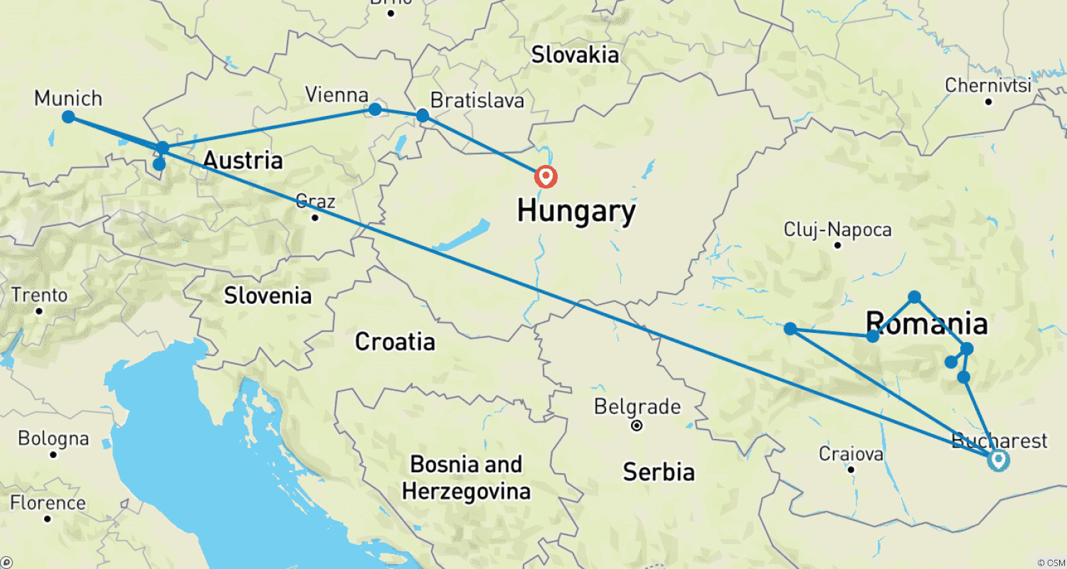 Best Christmas Markets of Europe: Bucharest to Budapestのルートマップ