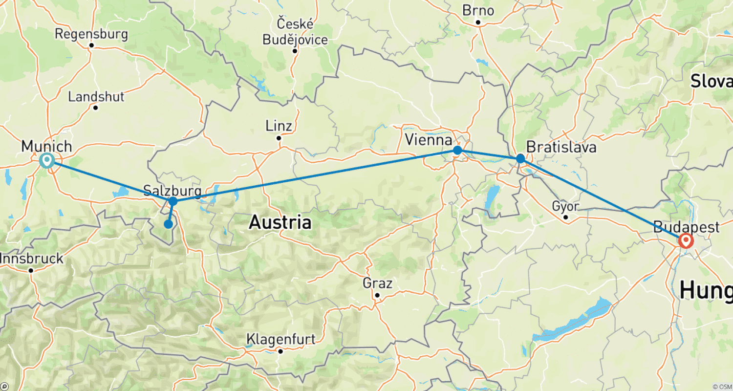 Magical Christmas Markets: Munich to Budapestのルートマップ