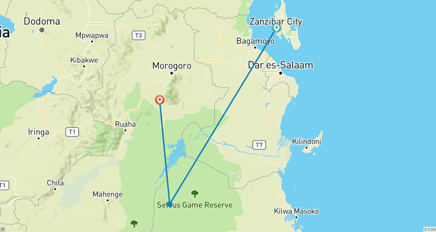 Mapa do percurso de Prepare-se para Descobrir o Melhor Safari Privado Econômico de 5 Dias de Zanzibar para Selous, Mikumi e Udzungwa na Tanzânia