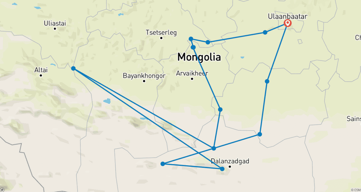 Mapa do percurso de Grande tour pelo Deserto de Gobi