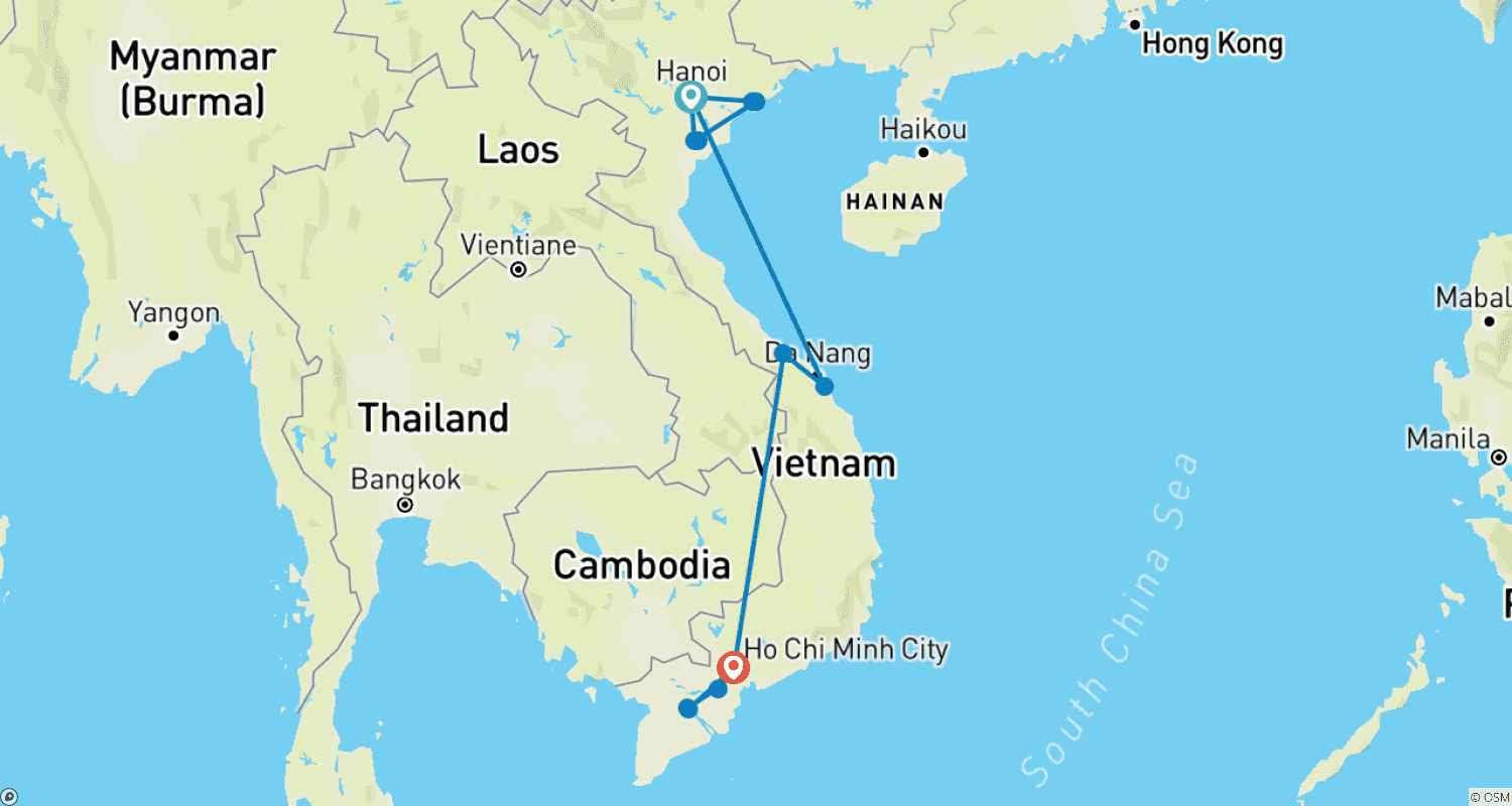 11日間 ベトナム発見の旅のルートマップ