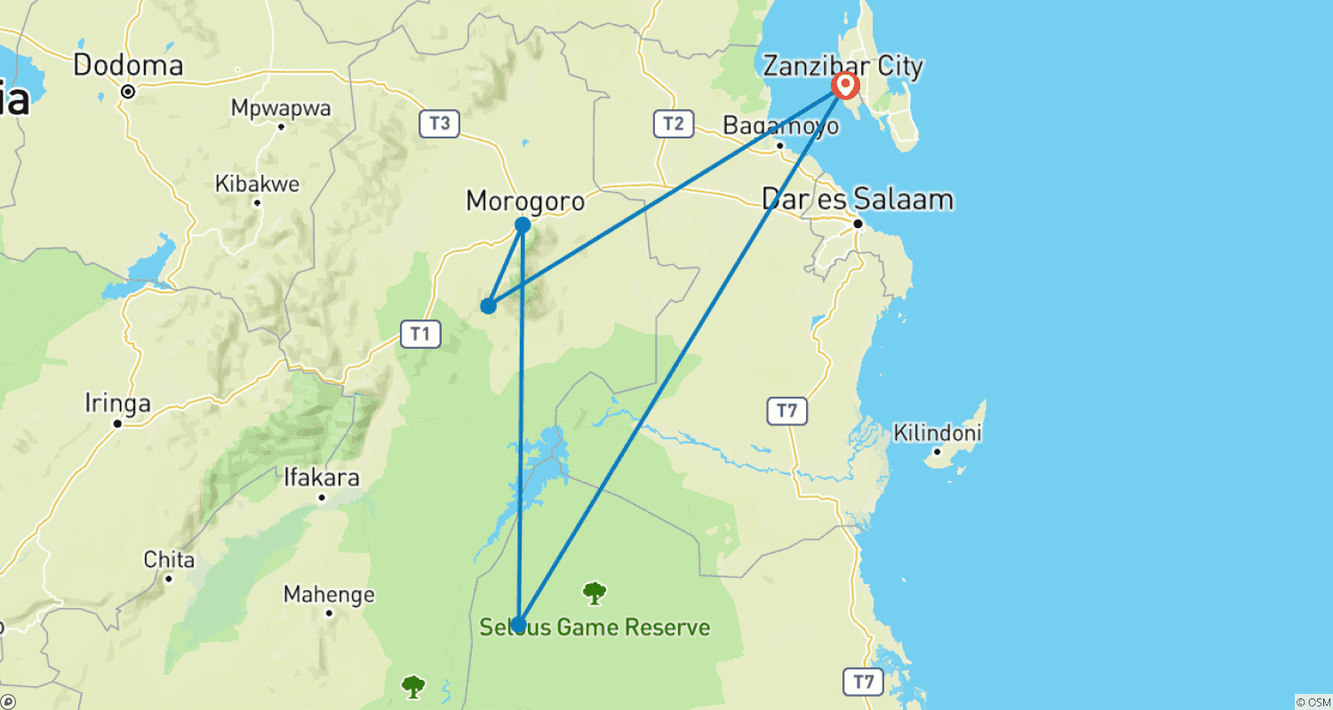 Mapa trasy: Odkryj najlepsze 5-dniowe, prywatne safari budżetowe all-inclusive z Dar es Salaam do Parków Narodowych Mikumi i Nyerere