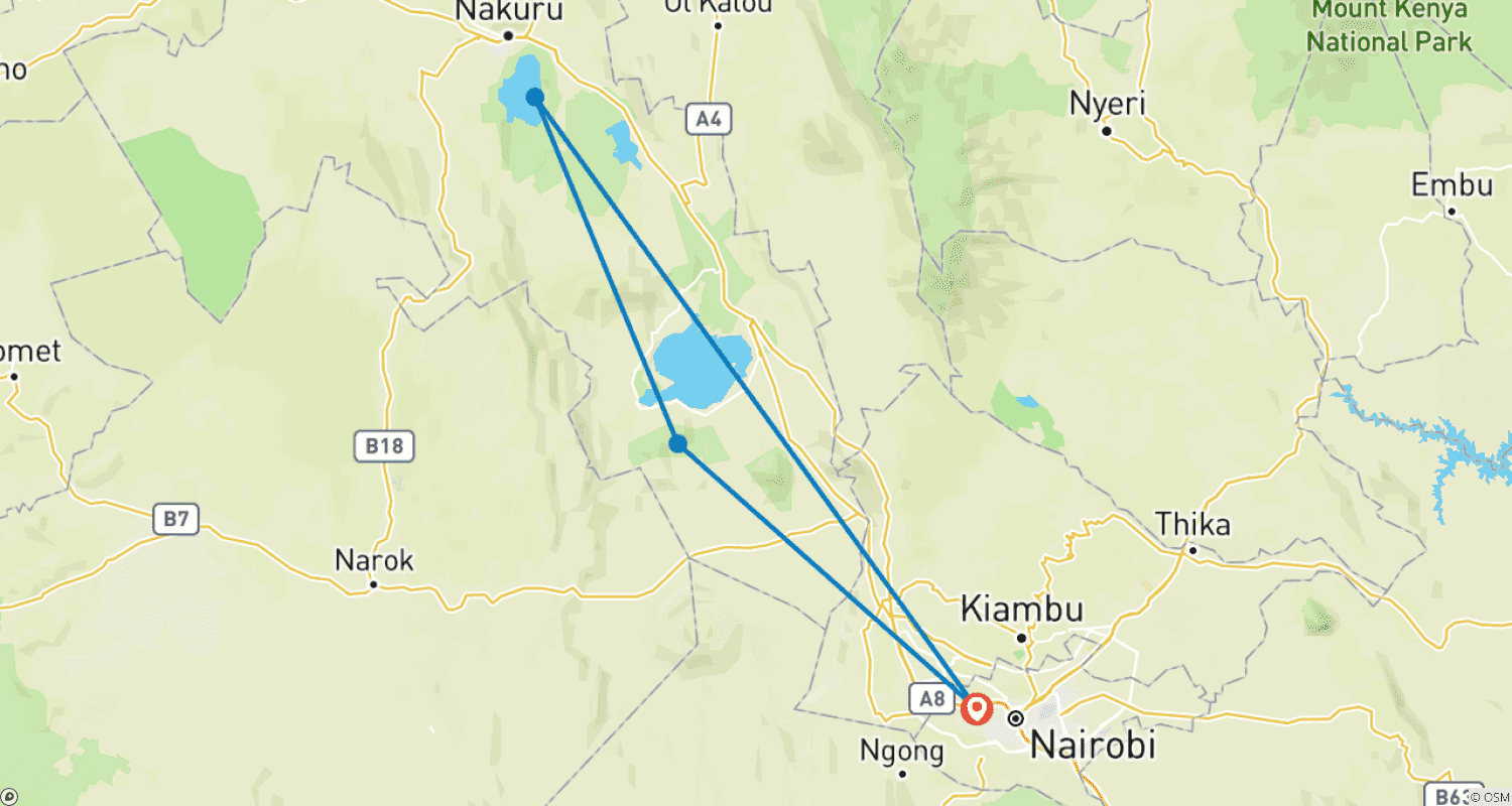 Mapa do percurso de 3 Dias e 2 Noites no Parque Nacional do Lago Nakuru