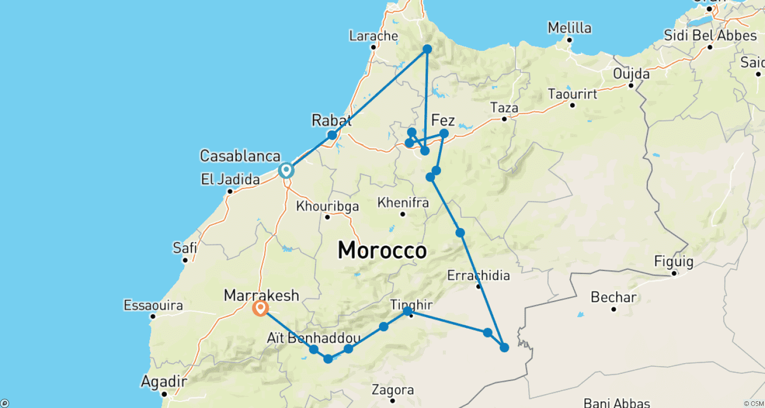 Mapa trasy: 6-dniowa Specjalna Wycieczka po Maroku z Casablanki