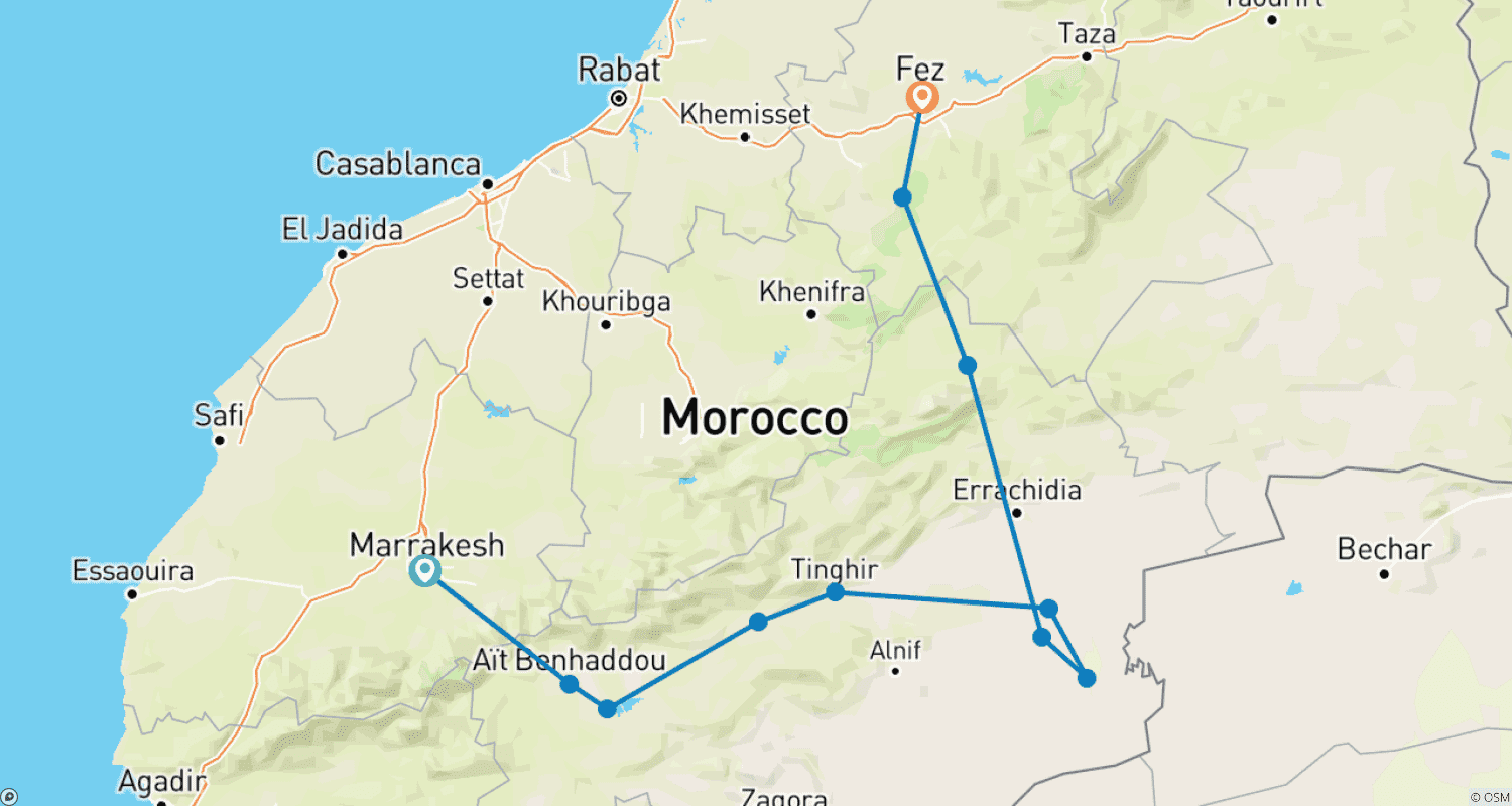 Mapa do percurso de Excursão de 5 dias pelo Deserto do Saara de Marrocos de Marraquexe a Fez