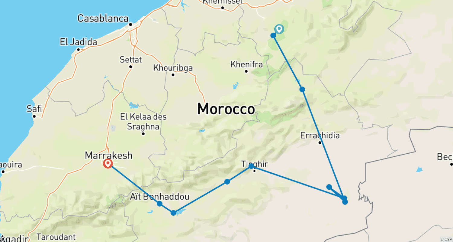 خريطة مسار 4 Day Desert Adventure: From Fez to Marrakech via the Sahara