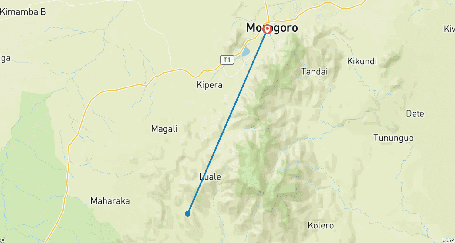 Mapa trasy: Odkryj nasze ekskluzywne jednodniowe prywatne safari z przewodnikiem po Mikumi z Morogoro w Tanzanii z indywidualnie dopasowanym planem podróży i najbardziej przystępną ceną