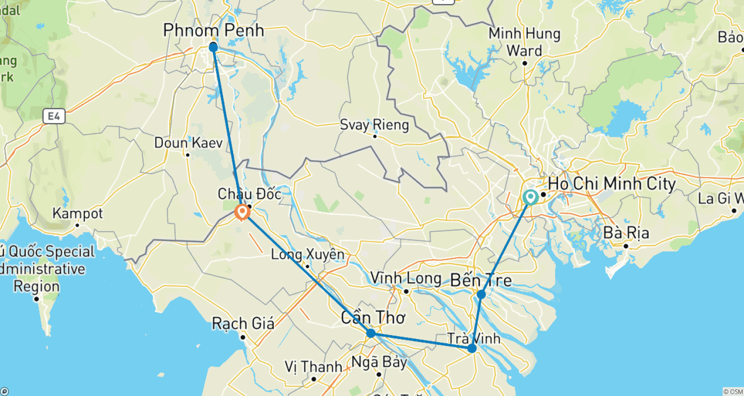 Mapa do percurso de Expedição de Ciclismo do Delta do Mekong a Phnom Penh
