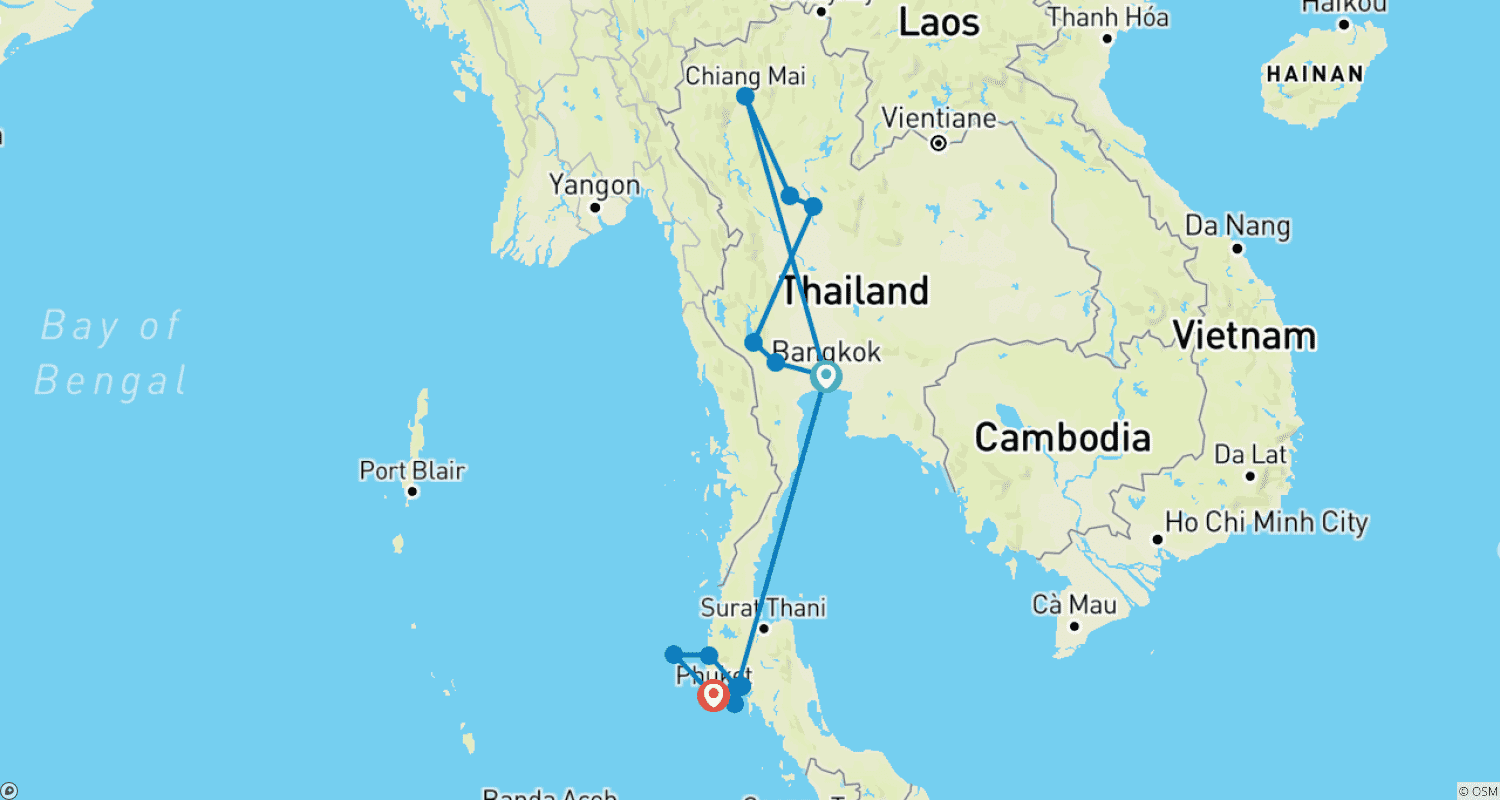 タイ西海岸クラシックツアーのルートマップ