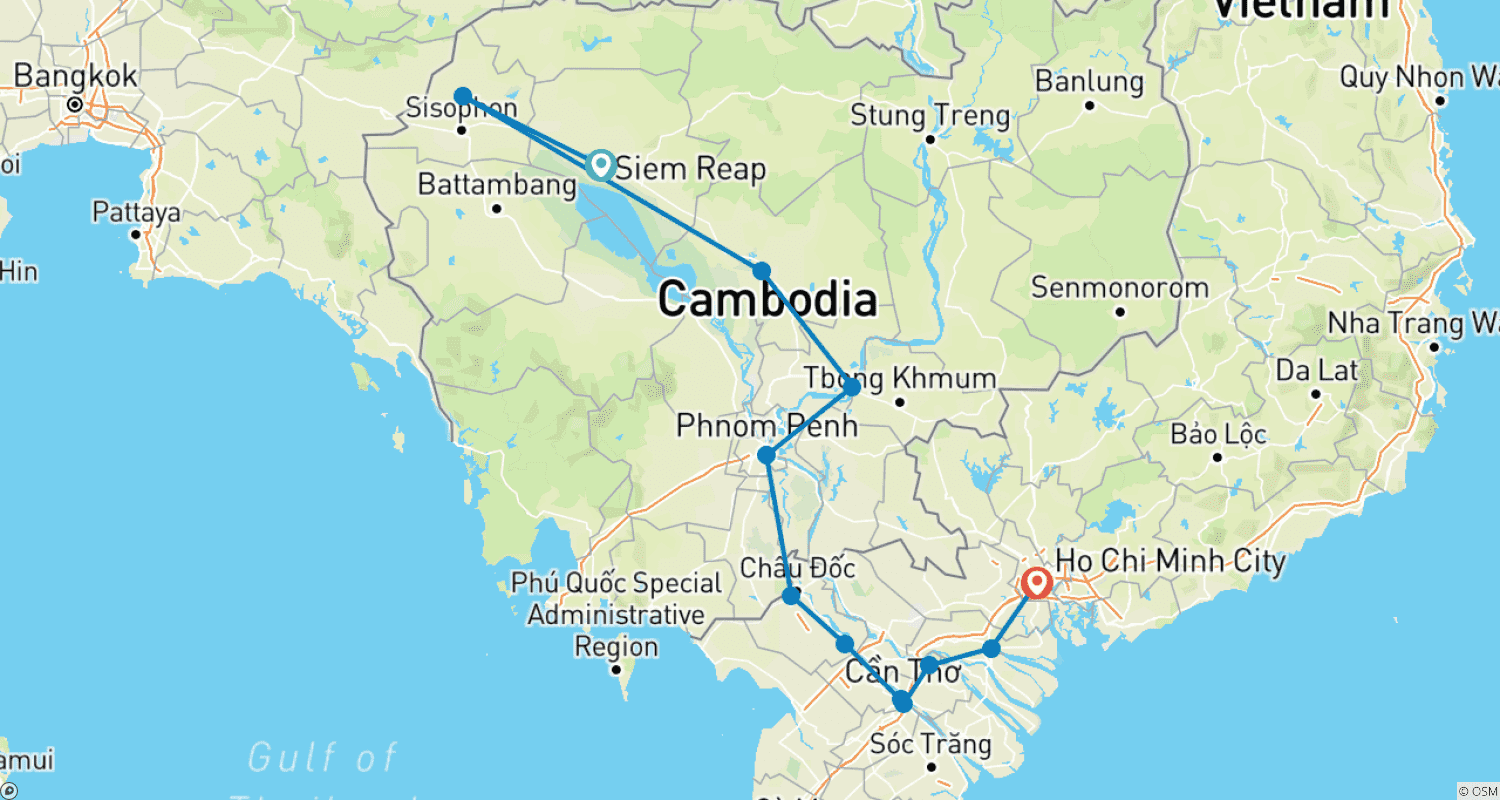 Mapa do percurso de Cycle Cambodia to Vietnam- E bike