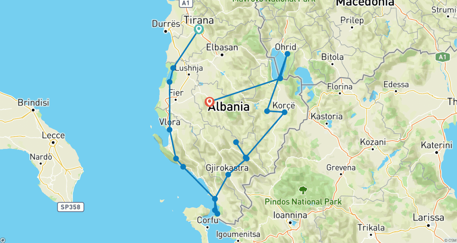 Mapa do percurso de Albânia - Tour de 12 dias