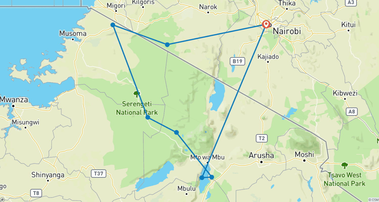 Mapa do percurso de Grande Migração Masai Mara e Serengeti 8 dias de Luxo