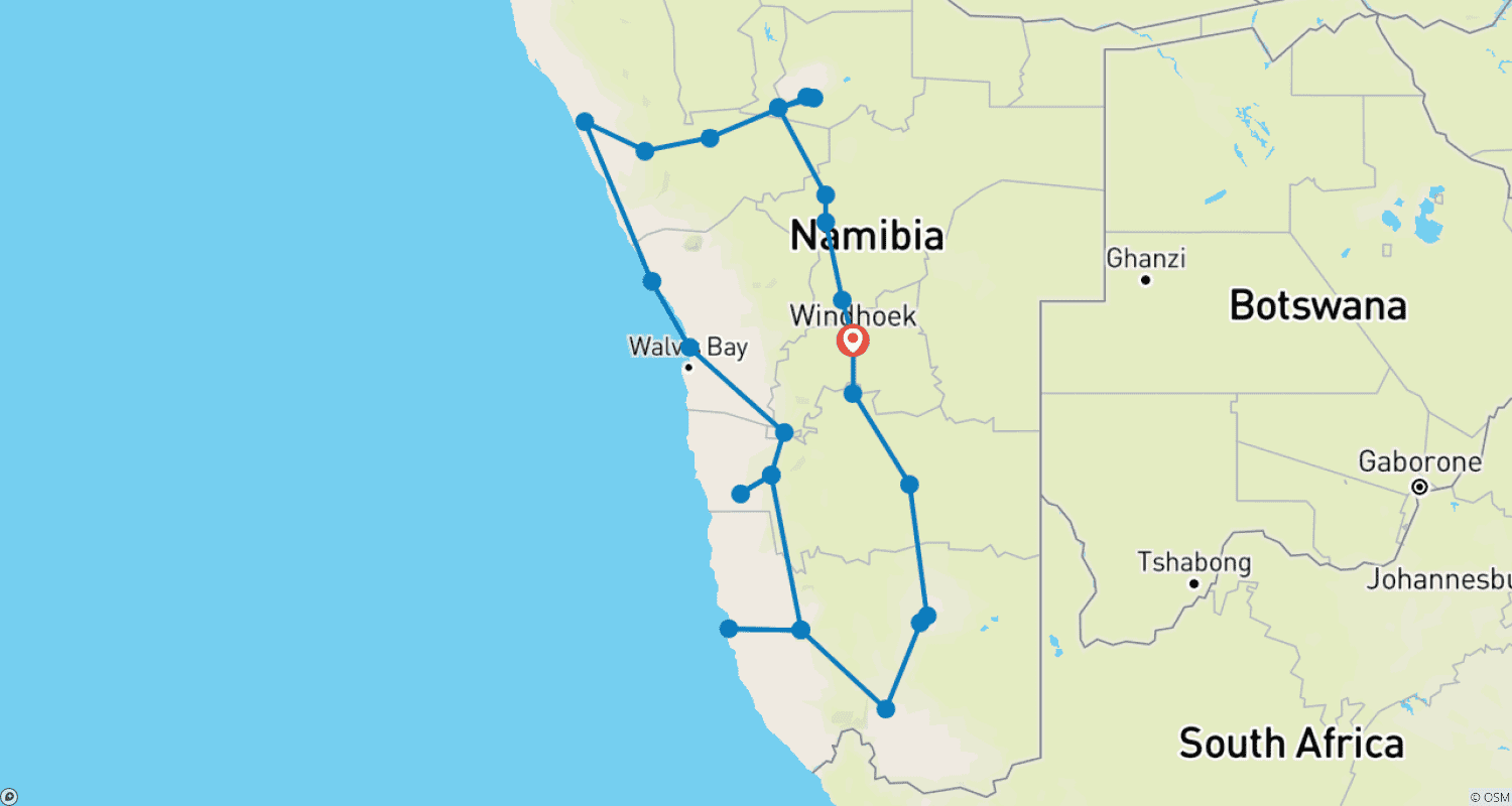 Classic Namibia 12 Days DEPARTING SATURDAYS **Sustainable Approach to Travelのルートマップ