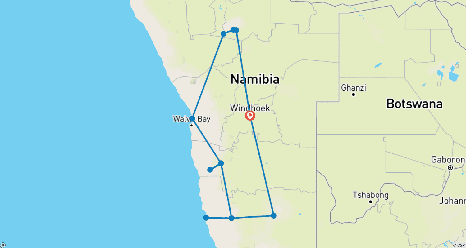 Mapa do percurso de Aventura de 18 Dias: Cânions, Dunas, Vida Selvagem e Surf