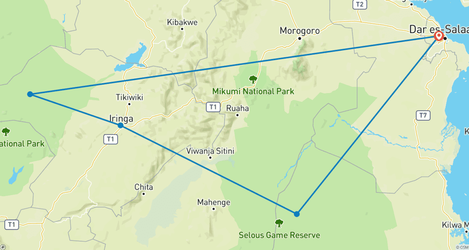 Mapa do percurso de Safari de 6 Dias: Os Cinco Grandes em Selous e Ruaha