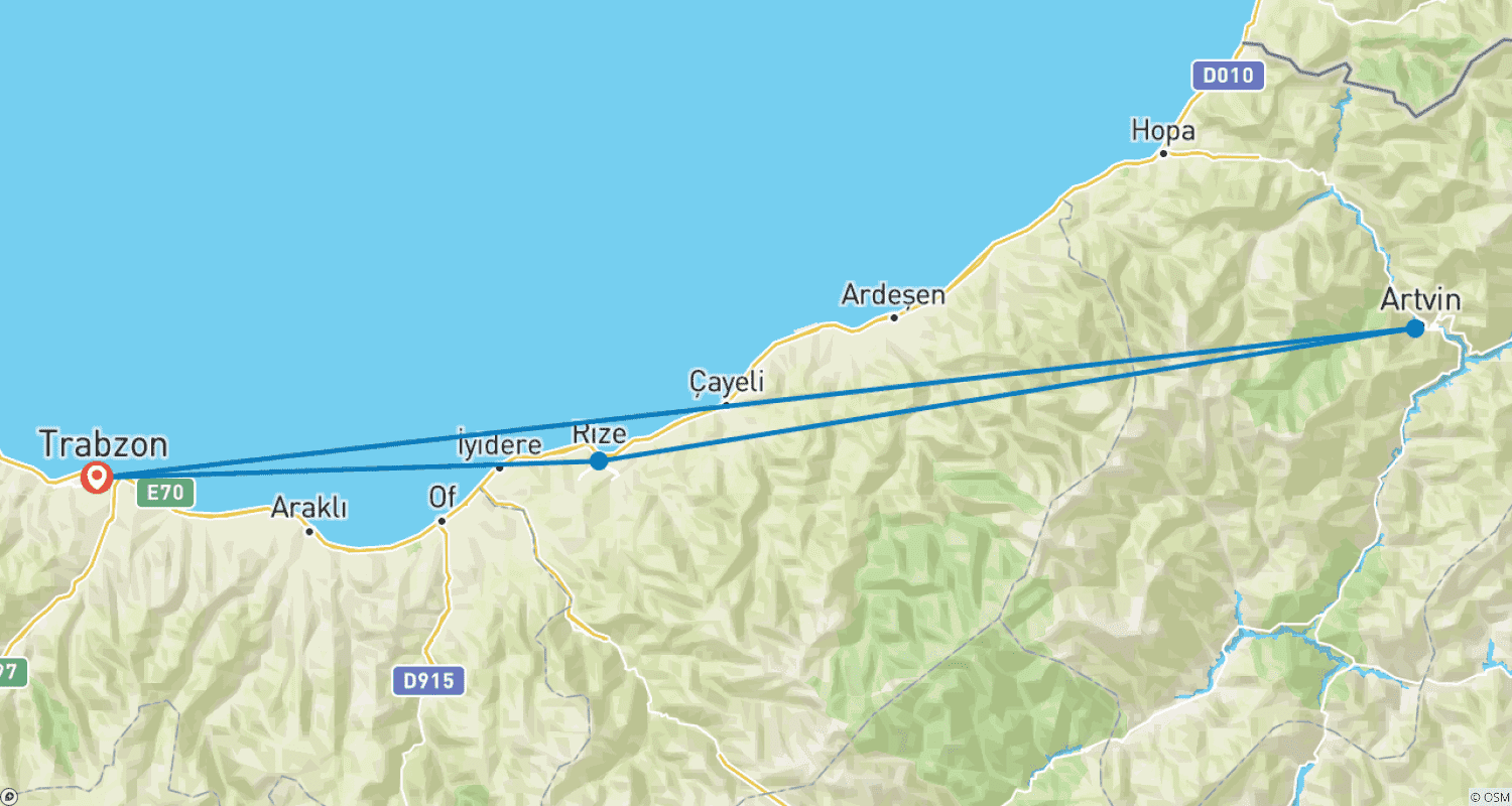 Mapa do percurso de Tour privado de 4 noites e 5 dias pelo platô do Mar Negro: Rize, Artvin