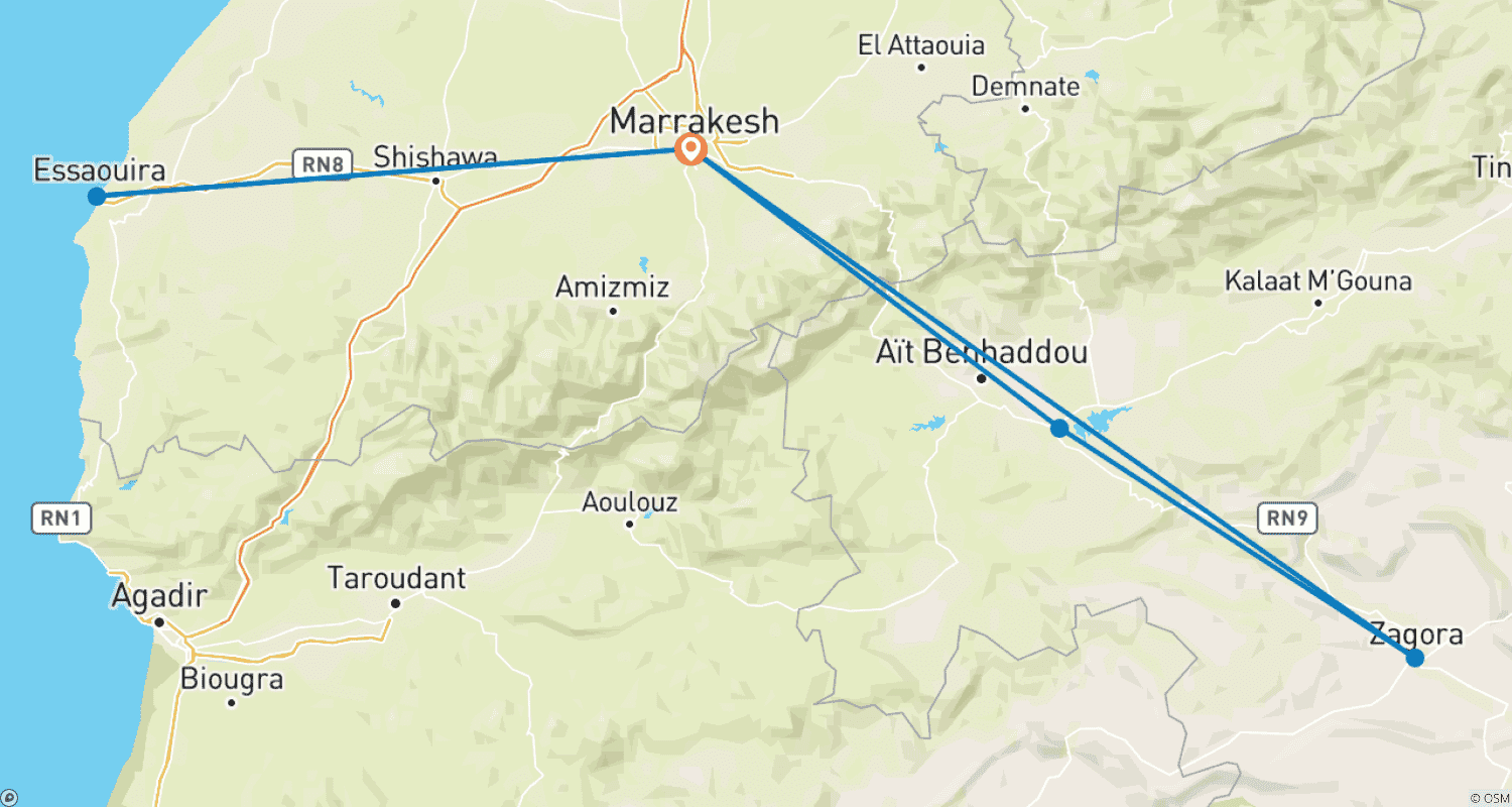 Mapa trasy: Marrakesz, wycieczka po pustyni i Essaouira - 7 dni