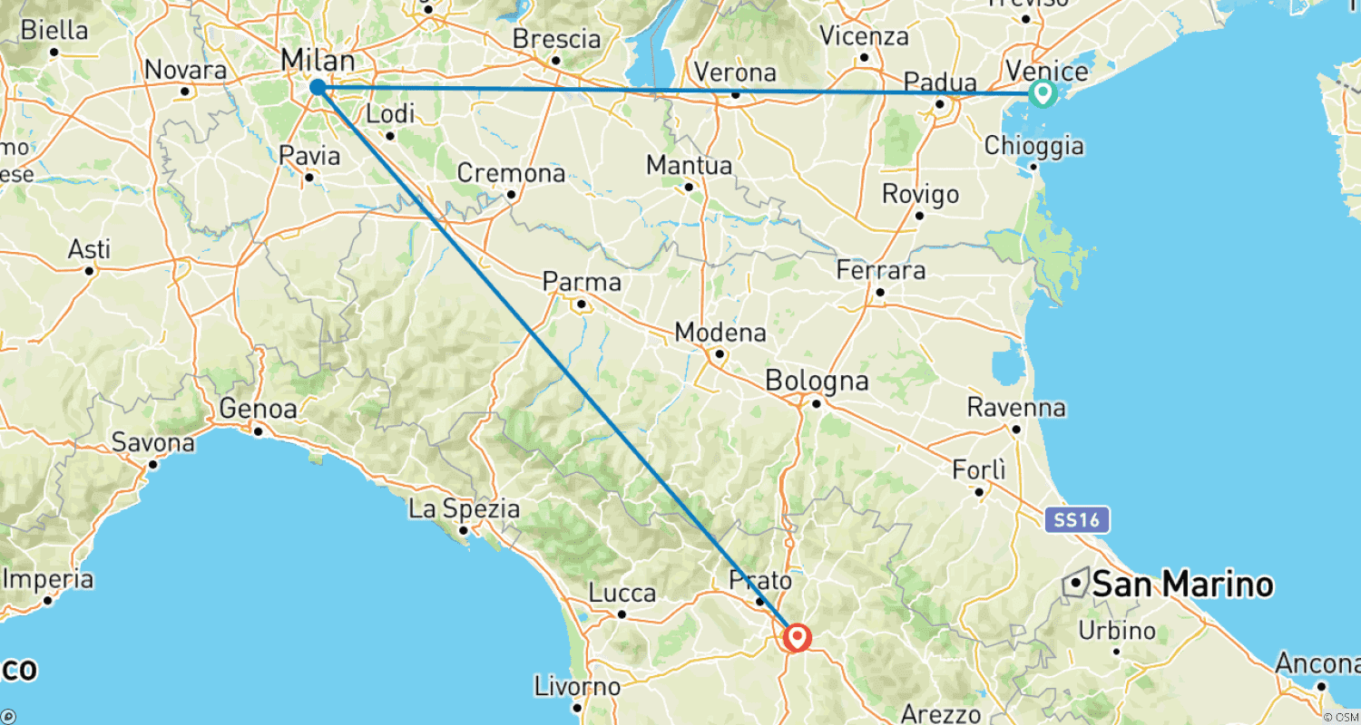 Mapa do percurso de Nos Passos de Leonardo: 7 dias de Veneza a Florença, Tour Privado