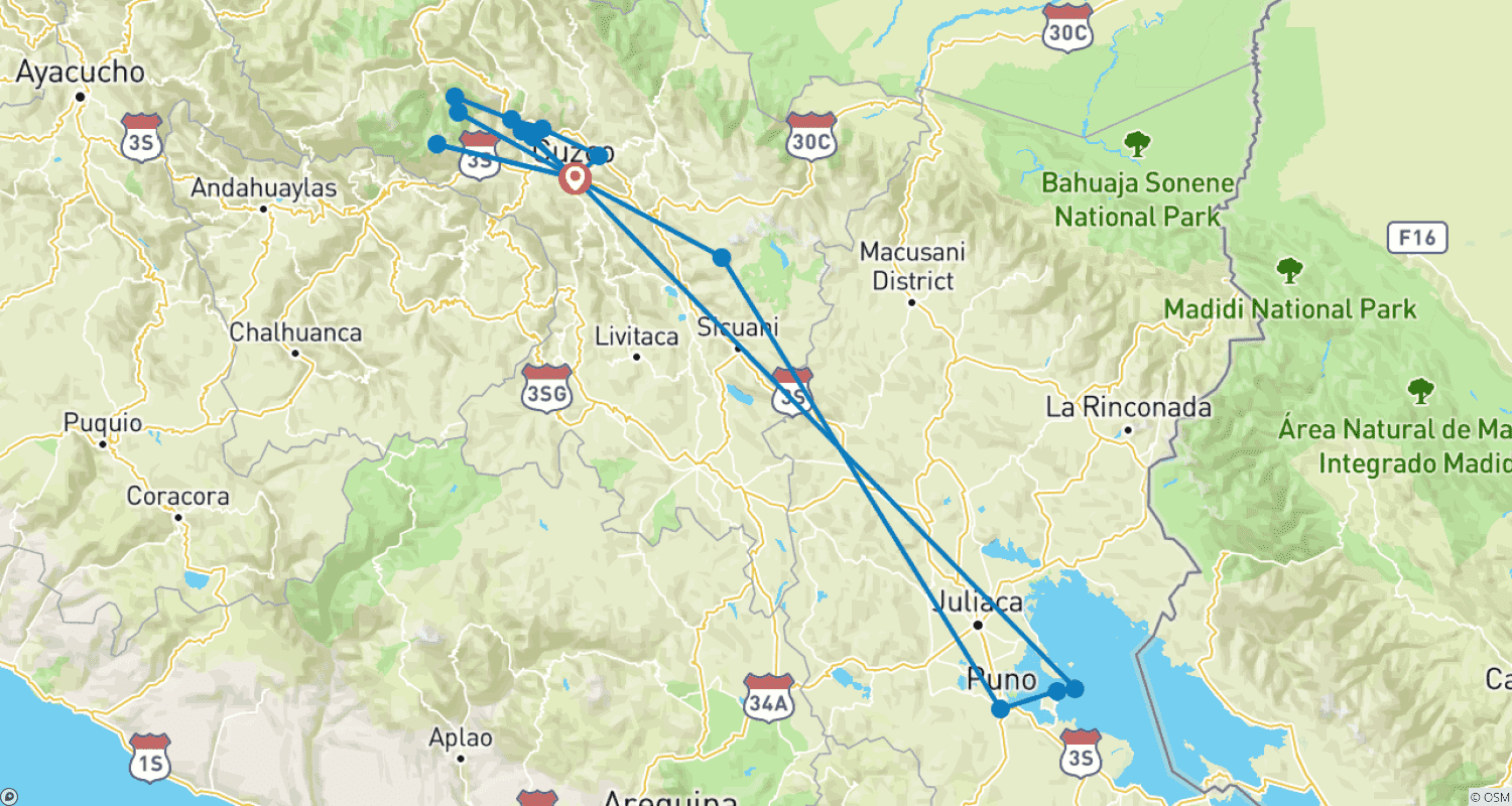 Mapa trasy: Wycieczka Machu Picchu i Jezioro Titicaca – 8 Dni Cudów