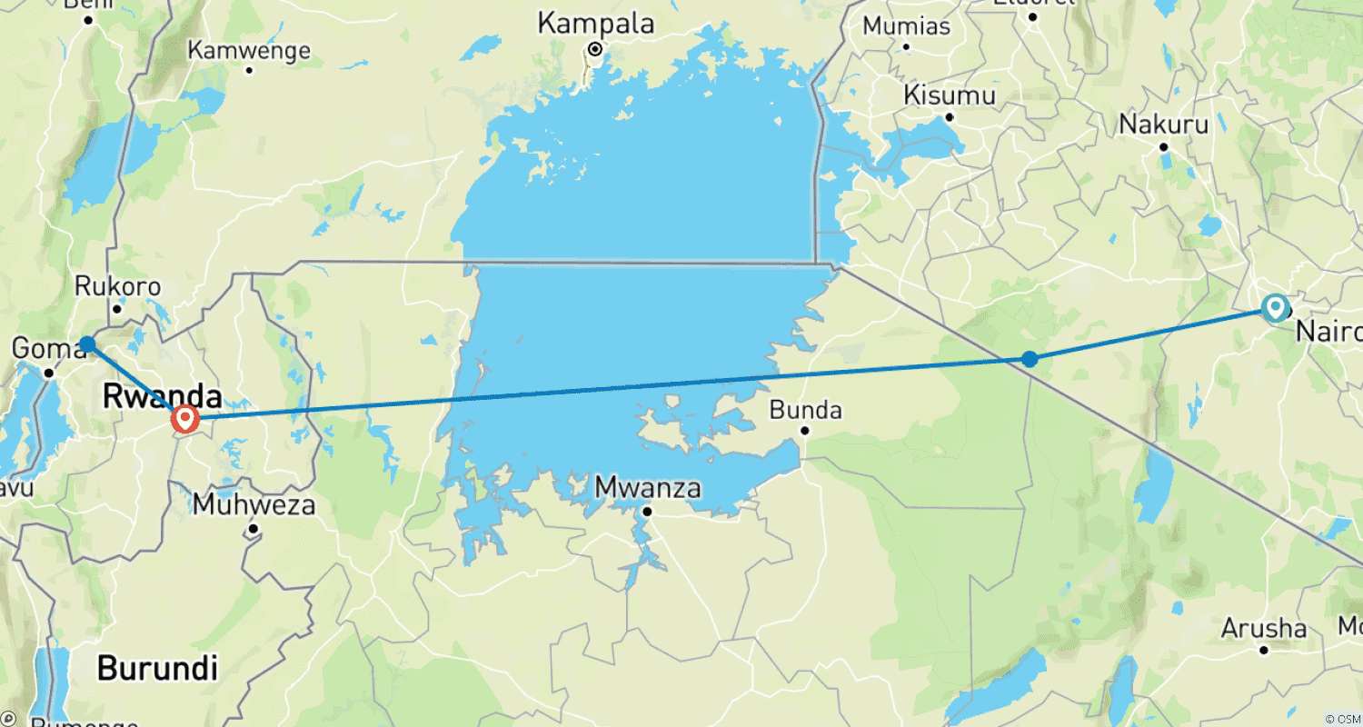Mapa do percurso de 13 Dias de Férias de Safári no Quênia e Ruanda