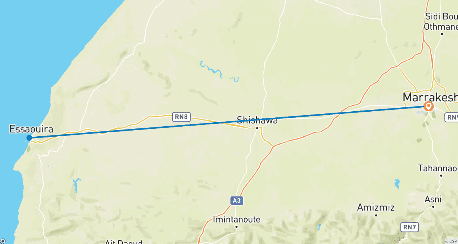 Mapa trasy: Rodzinna podróż do Marrakeszu i Essaouiry - 7 dni