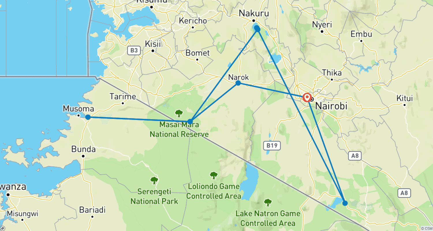 Mapa do percurso de Descubra o Melhor do Quênia em 6 Dias: Seu Guia para o Safari em Grupo com Orçamento Mais Baixo e Acessível do Mundo, saindo de Nairóbi, no Quênia
