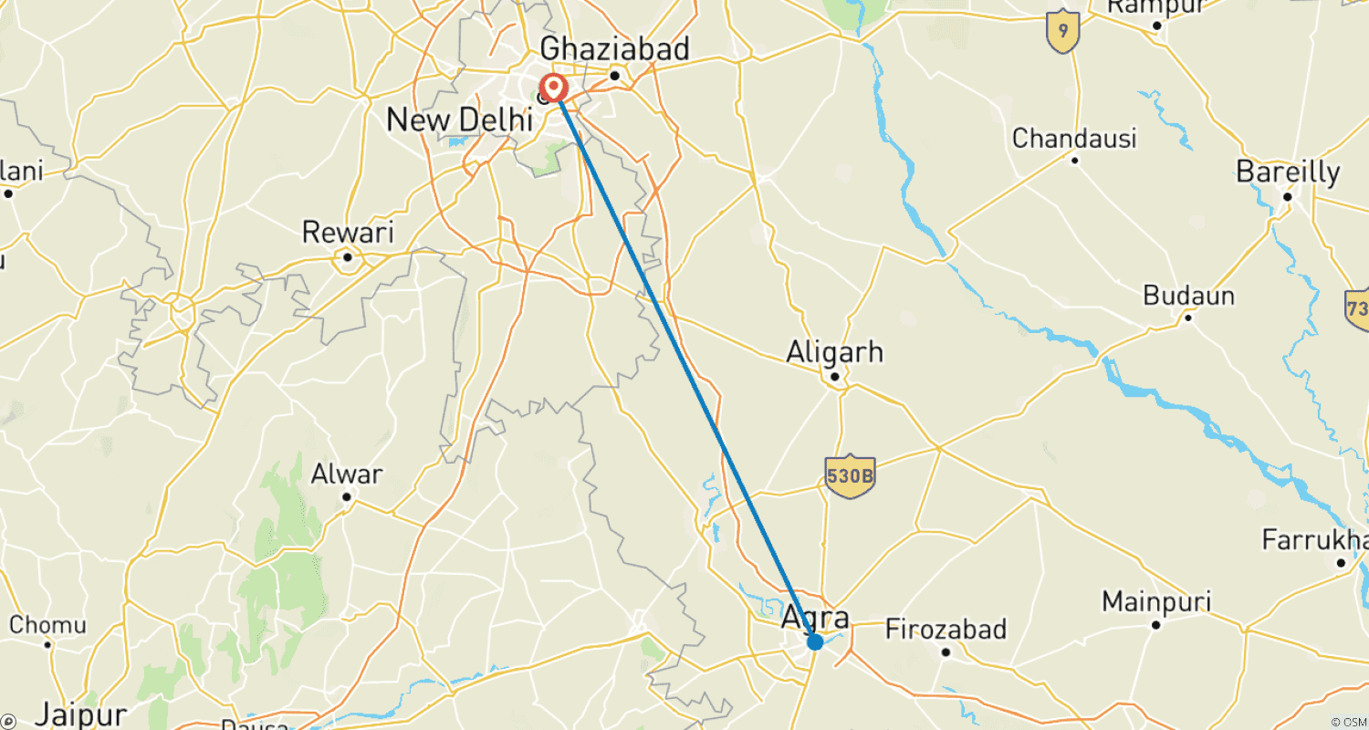 Mapa do percurso de Excursão de 2 Dias a Delhi e Agra com o Taj Mahal ao Nascer/Pôr do Sol