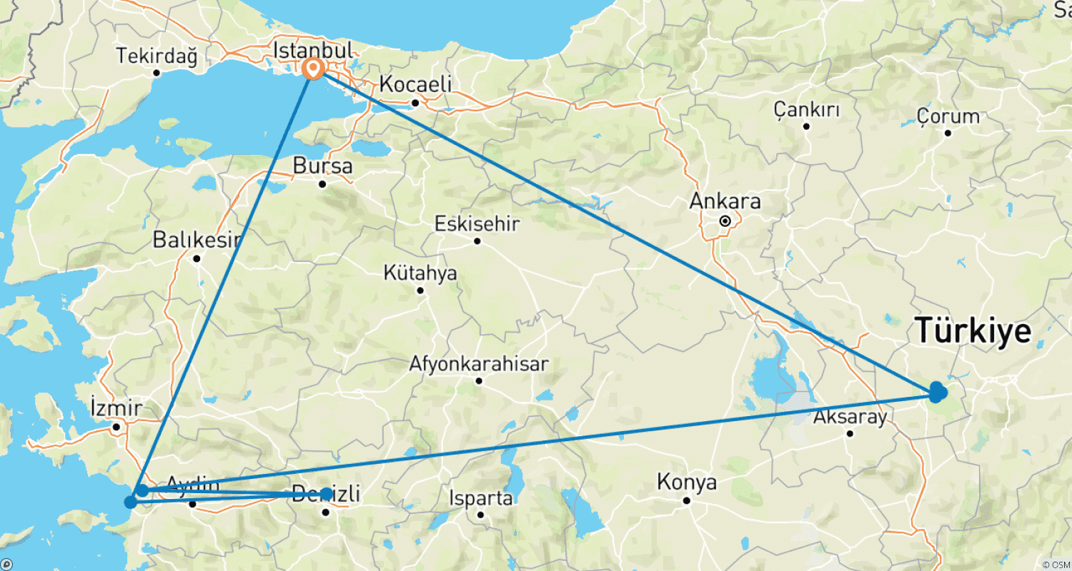 イスタンブールから海岸へ：トルコの美しい風景を巡る8日間の冒険のルートマップ