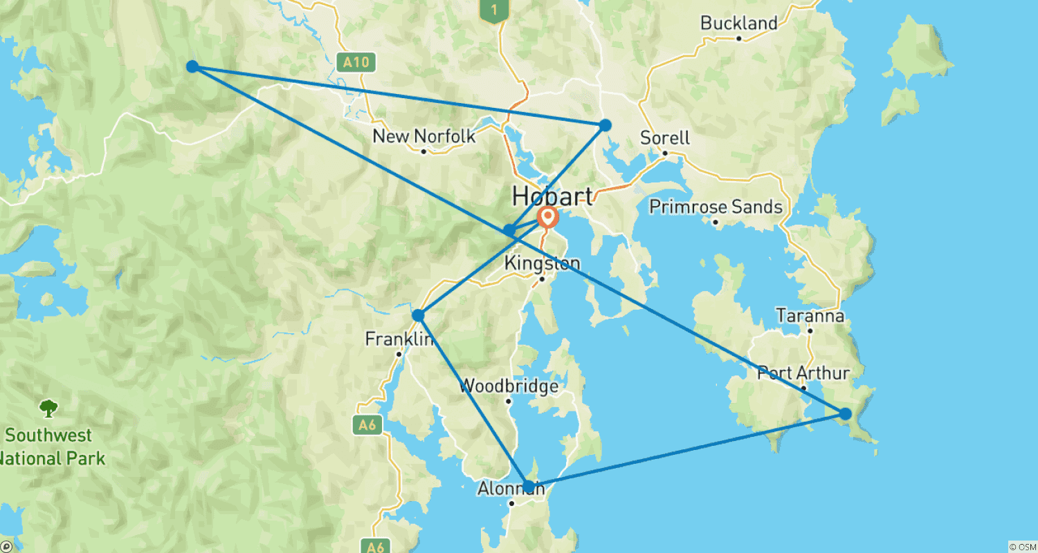 Mapa do percurso de Tour Privado de 5 Dias na Tasmânia