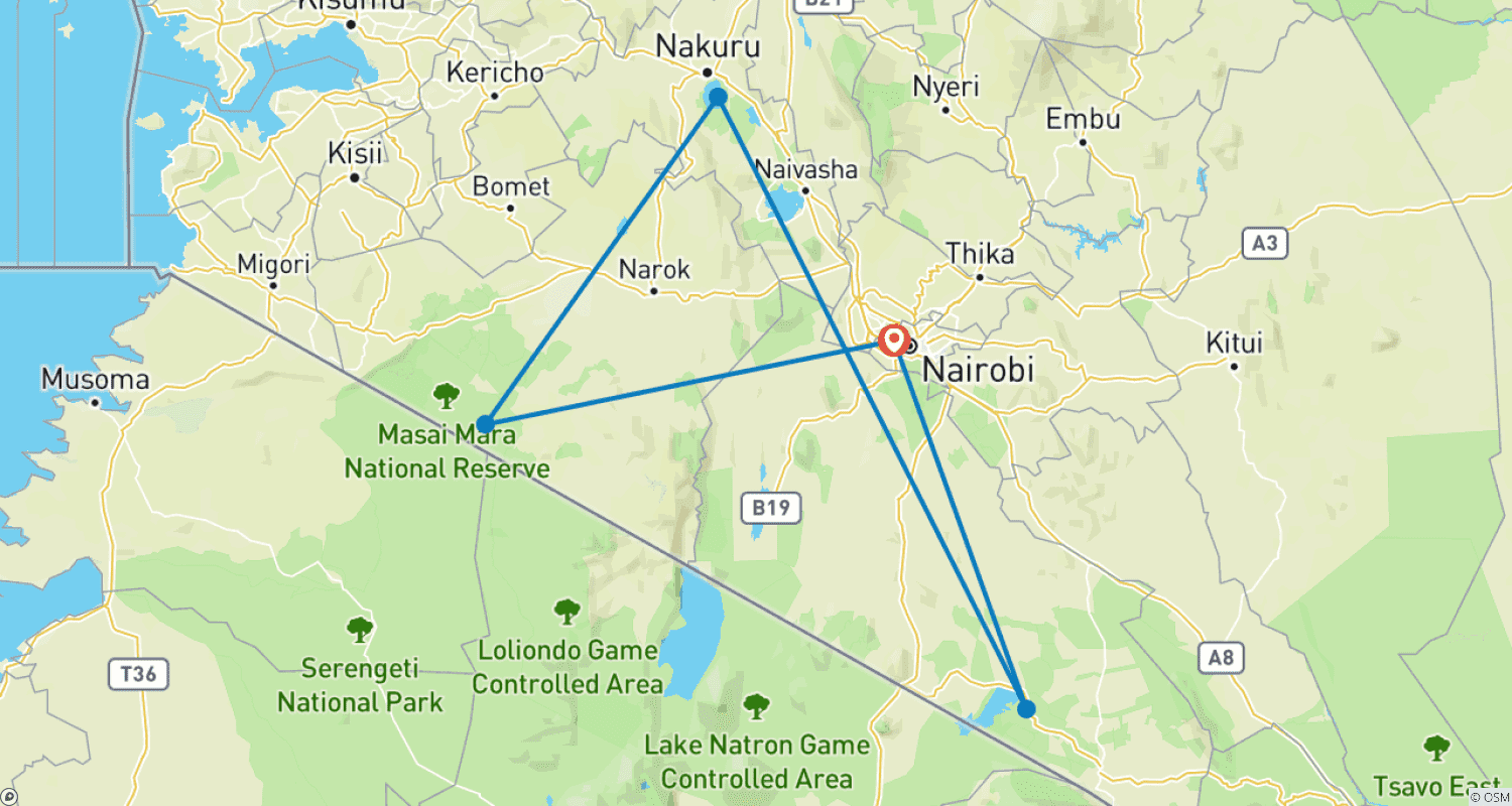 Mapa do percurso de Descubra O Melhor dos Melhores Safari de Grupo de 6 Dias no Quênia saindo de Nairóbi