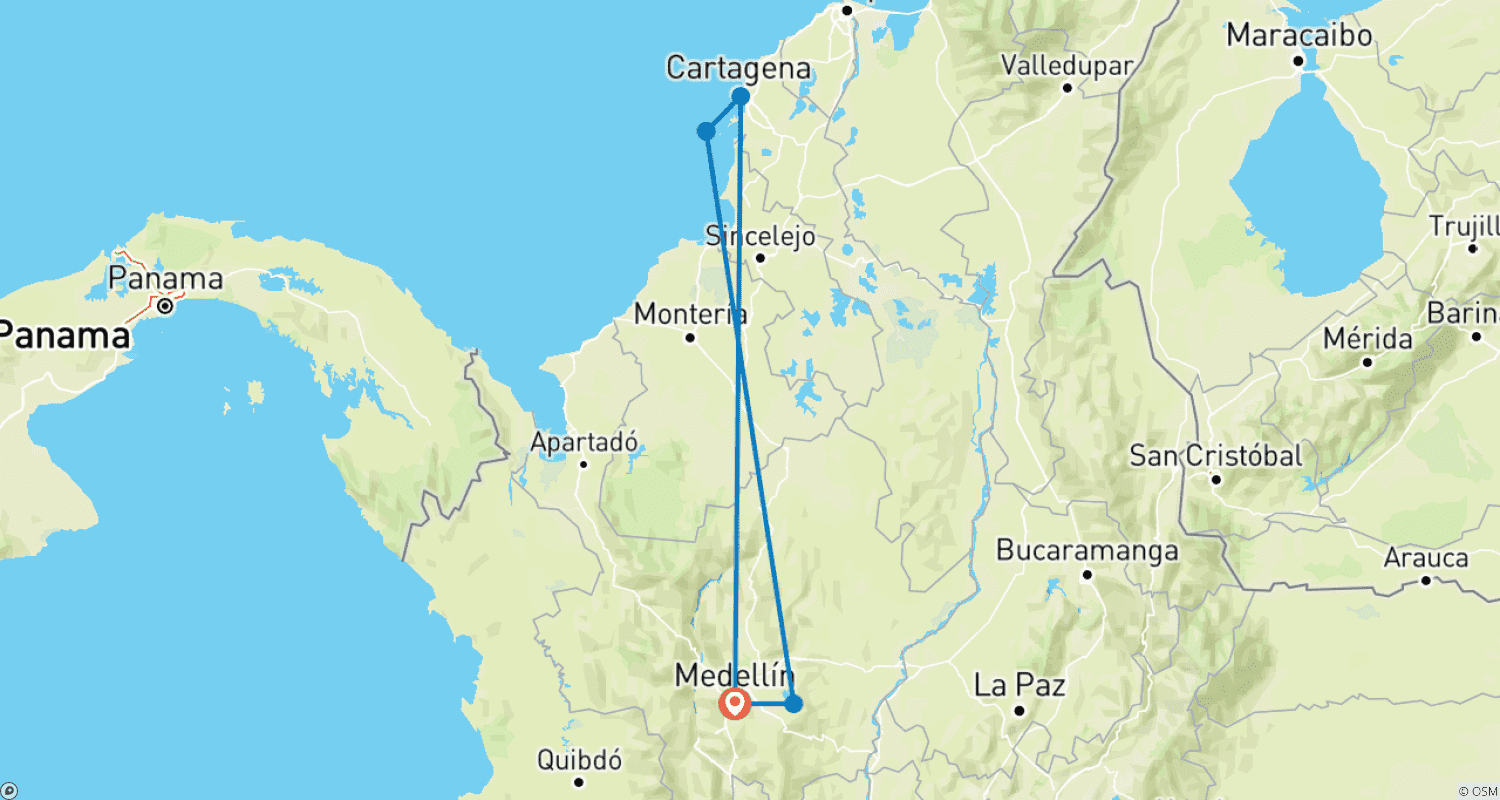 Mapa trasy: Kolumbijskie spojrzenie: Wycieczka po Medellin i Cartagena