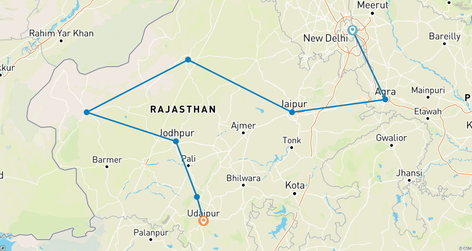 Mapa trasy: 10 Day Royal Rajasthan Tour with Taj Mahal