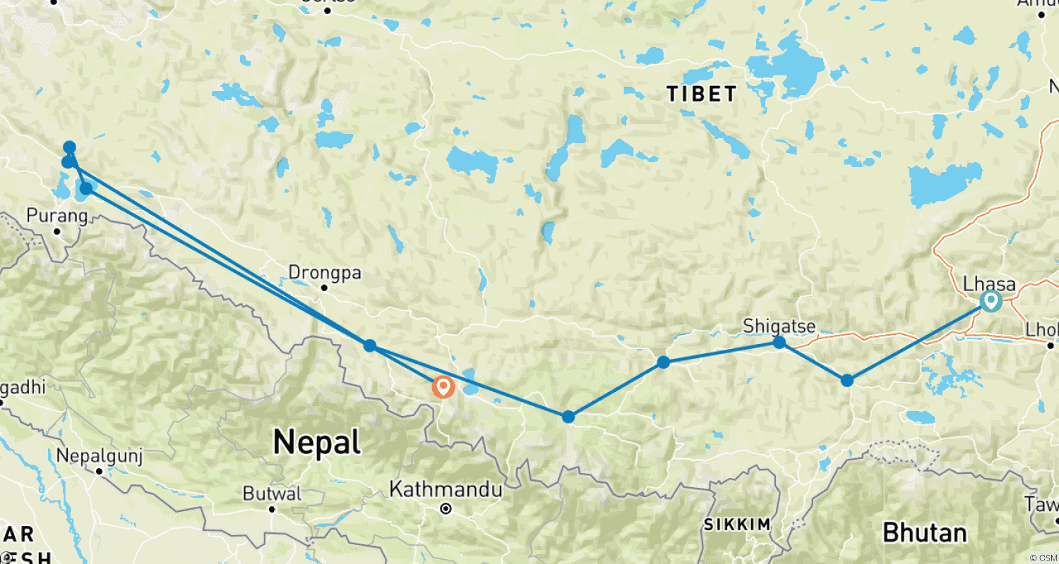 Mapa do percurso de Tour em Grupo de 12 Dias: Lhasa, Monte Everest, Monte Kailash e Catmandu