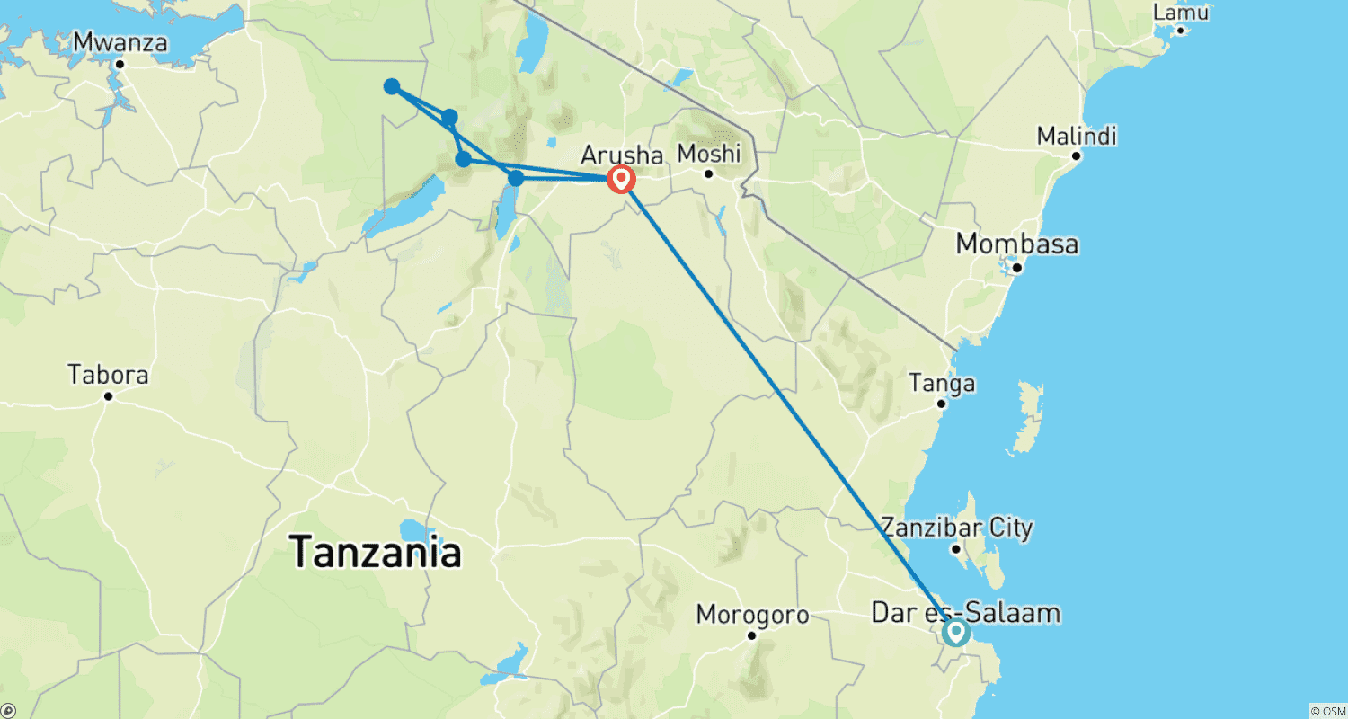 خريطة مسار Looking to Enjoy a 6-Day Private Mid-Range Safari to Witness the South Serengeti Migration from Dar es Salaam? Here’s Your Ultimate Serengeti Safari Guide!