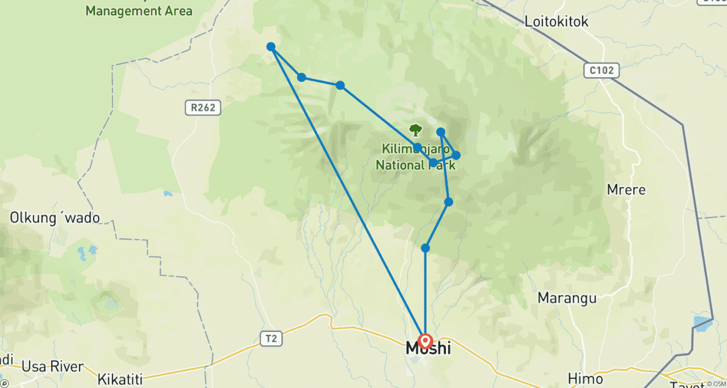 Mapa do percurso de 7 dias de Escalada pela Rota Lemosho