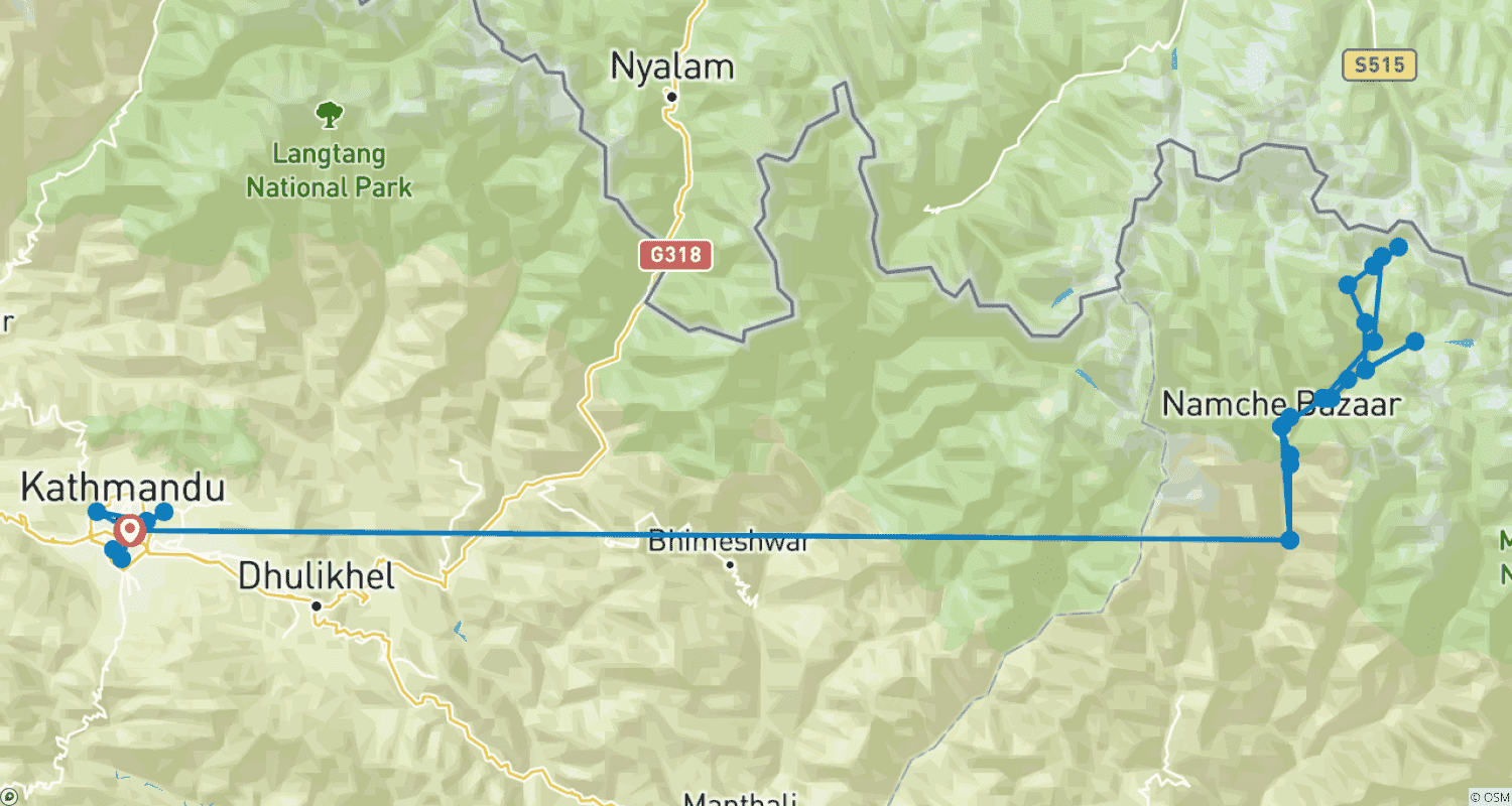 Mapa do percurso de Caminhada Luxuosa ao Acampamento Base do Everest partindo de Kathmandu - 15 dias