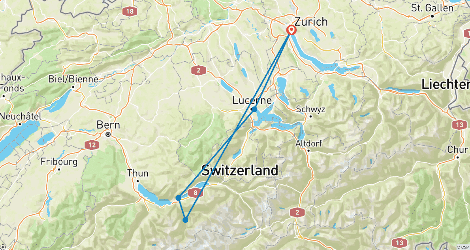 Mapa trasy: Switzerland 5 days Adventure - Zurich, Interlaken, Lucerne