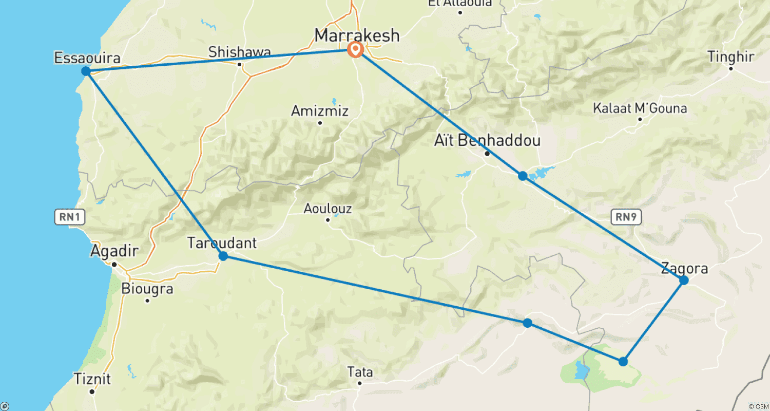 Mapa do percurso de Aventura de Inverno no Sul de Marrocos - 10 Dias