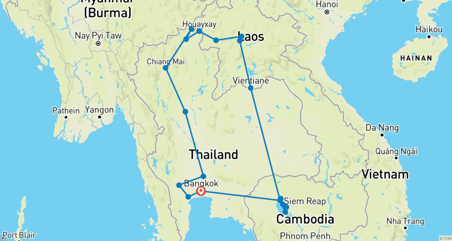 Mapa trasy: Wycieczka Przygodowa Tajlandia, Laos i Kambodża 21 Dni/20 Nocy