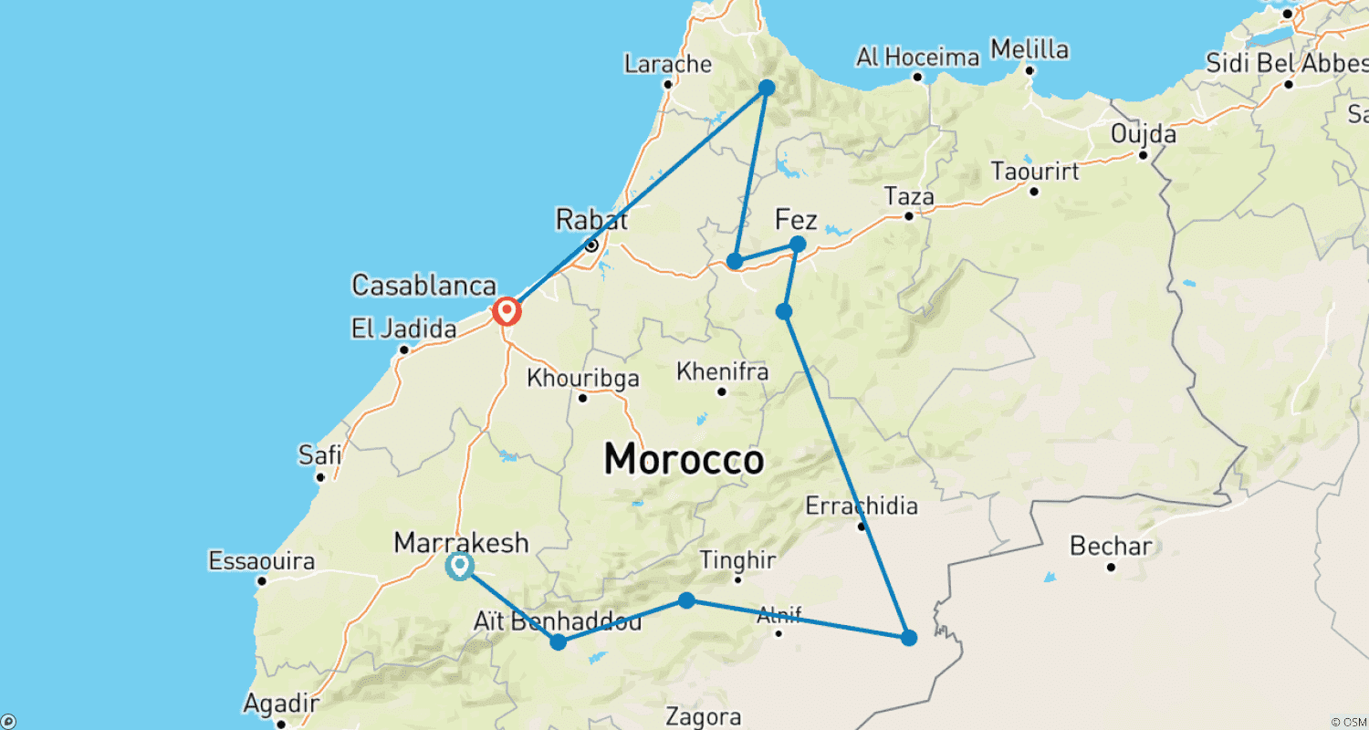 Mapa do percurso de Tour de 10 Dias em Marrocos: De Marraquexe a Casablanca