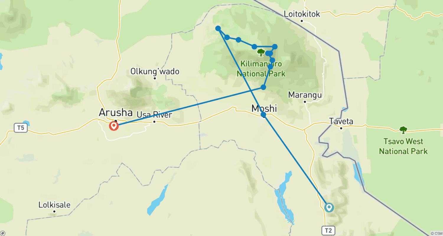 Mapa do percurso de Rota do Circuito Norte de 9 dias no Kilimanjaro