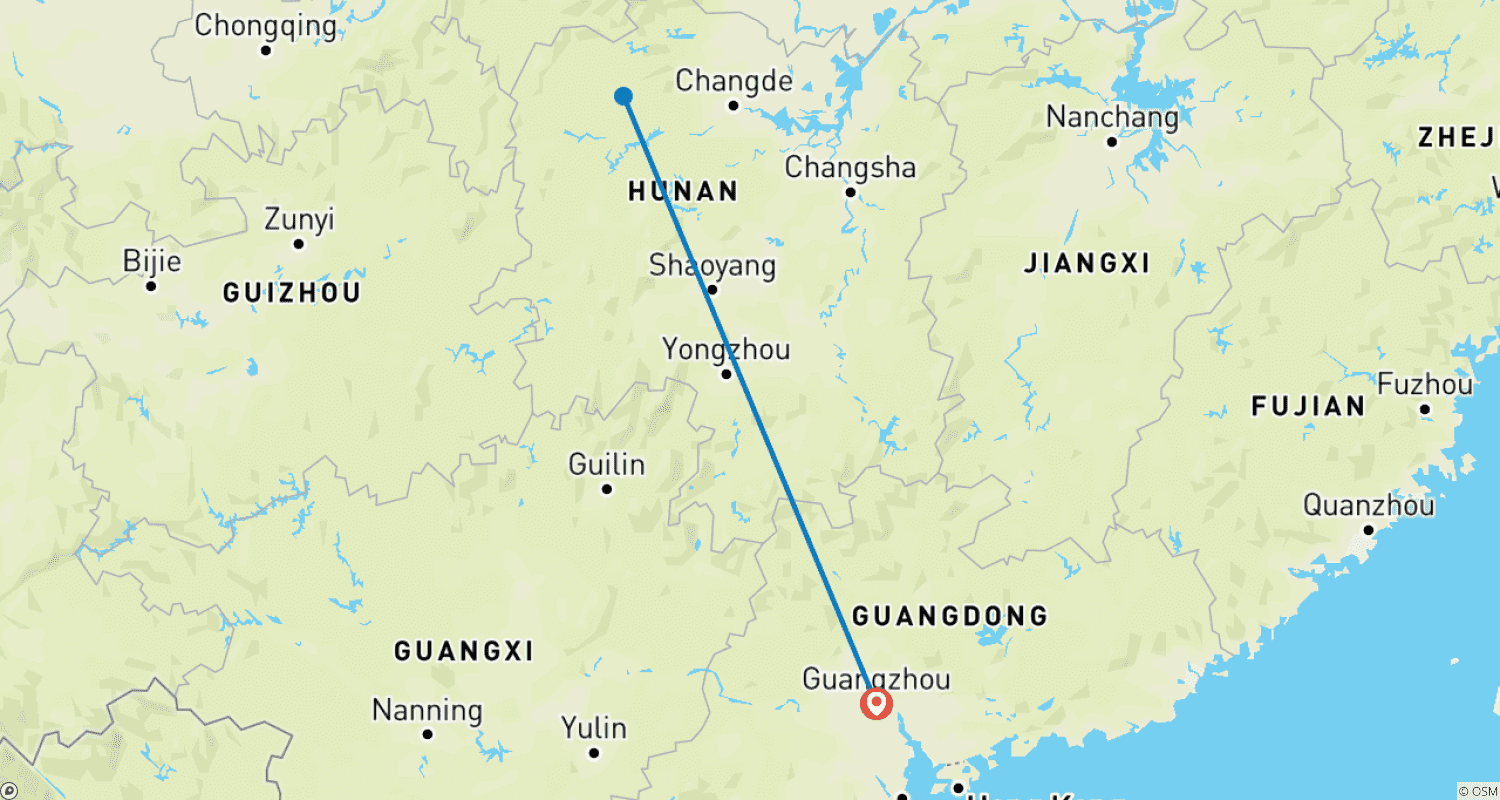 Mapa trasy: 3-dniowa prywatna wycieczka do Zhangjiajie z Guangzhou szybkim pociągiem w obie strony