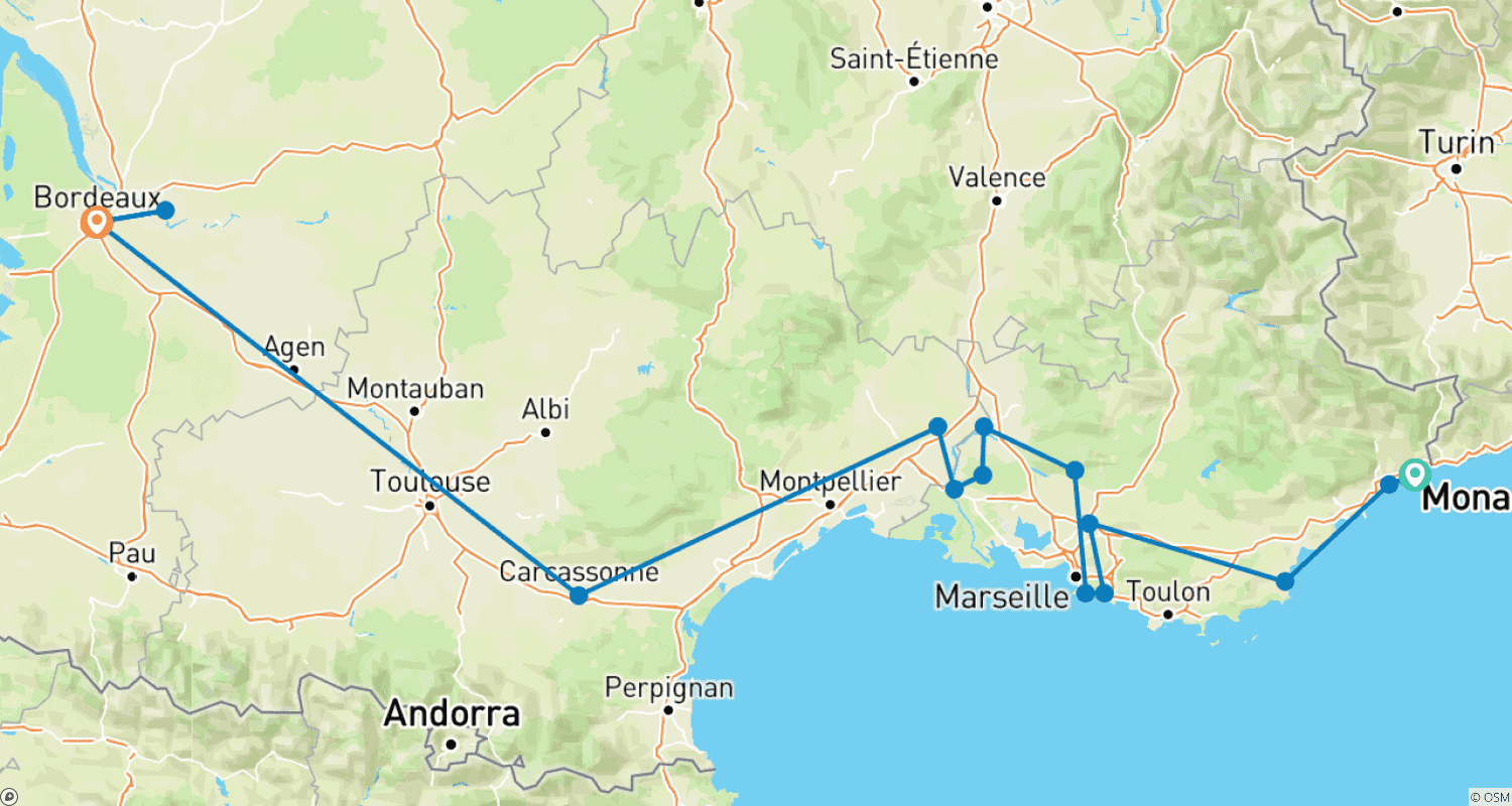 Mapa trasy: Niezapomniana Południowa Francja (Małe Grupy, Zakończenie w Bordeaux, 12 Dni, Od Drzwi do Drzwi)