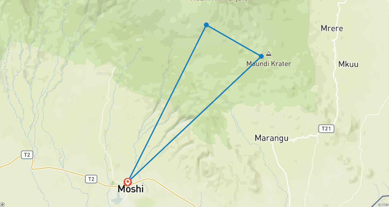 Mapa trasy: Odkryj Najtańszą i Najbardziej Przystępną Cenowo 3-dniową Wspinaczkę na Kilimandżaro Trasą Marangu